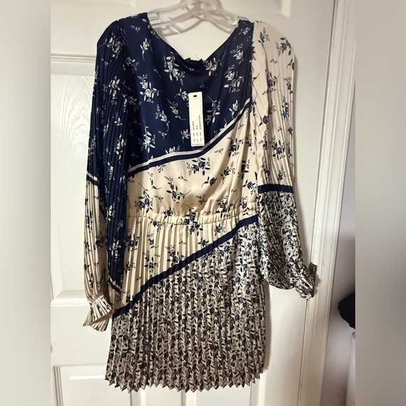 Belldini Navy and Cream Floral Pleated Long Sleeve Dress